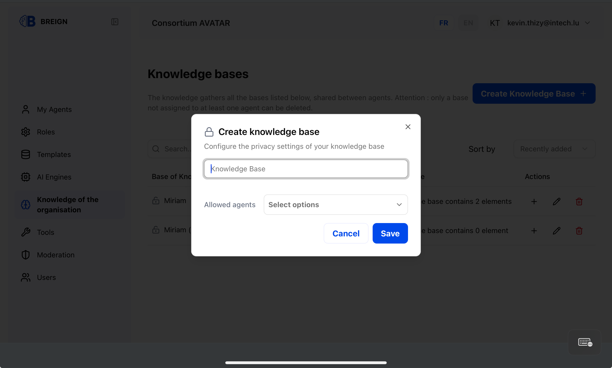 Organization menu > Knowledge > Create knowledge base button